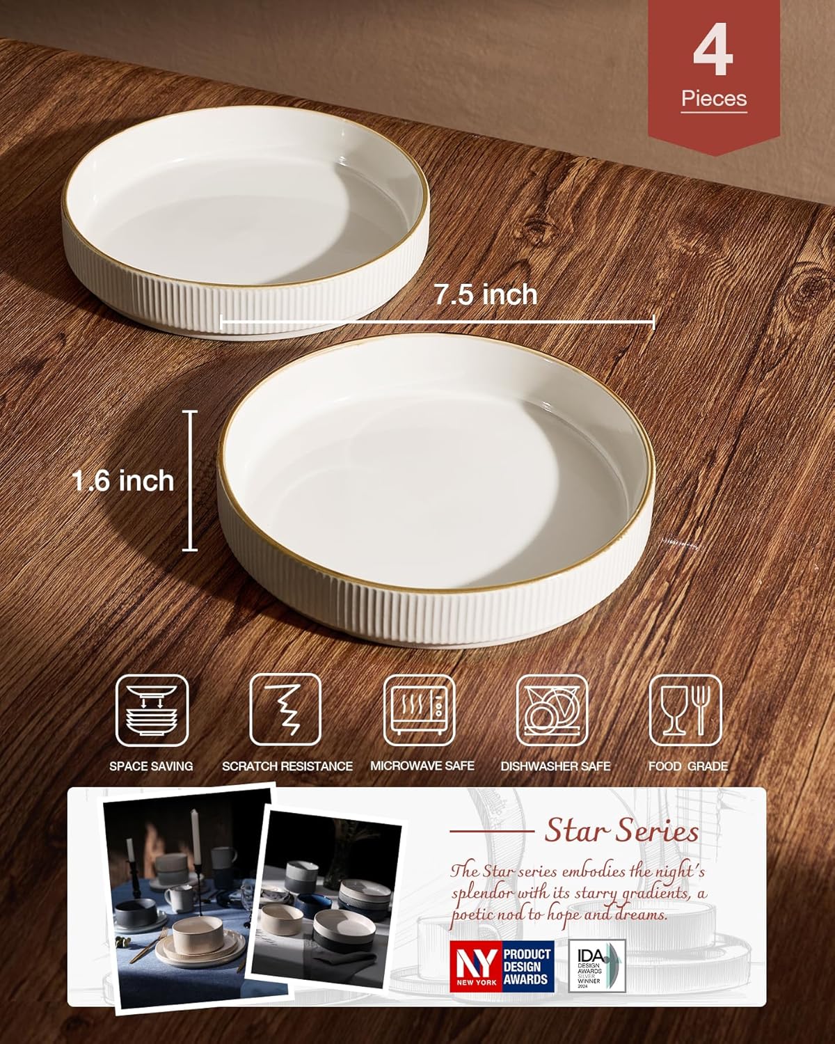 famiware Star 7.5" Pasta Bowls Set, Salad Bowl Set of 4, Double Reactive Glaze, Stackable, Ideal for Your Friend for Housewarming, Festivals, White