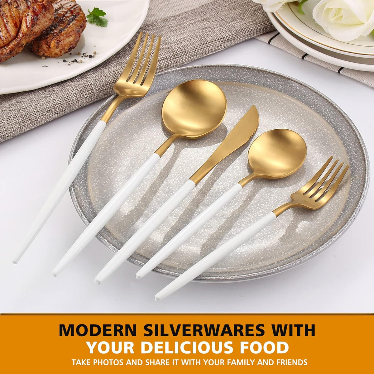 Matte White Gold Silverware Set, Oliviola 20-Piece Stainless Steel Flatware Cutlery Set Service for 4, Satin Finish Kitchen Utensil Set, Dishwasher Safe