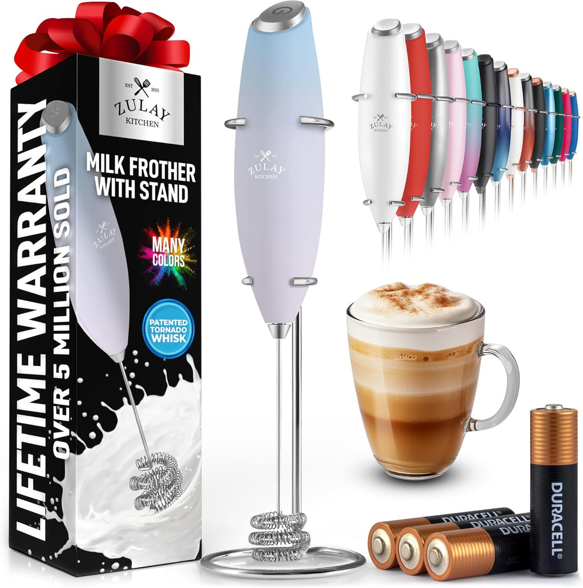 Zulay Kitchen Tornado Whisk Milk Frother with 4 AA Duracell Batteries - Triple Whisk for More Power - Handheld Coffee Frother with Stand - Drink Mixer for Lattes, Matcha & Protein Shakes