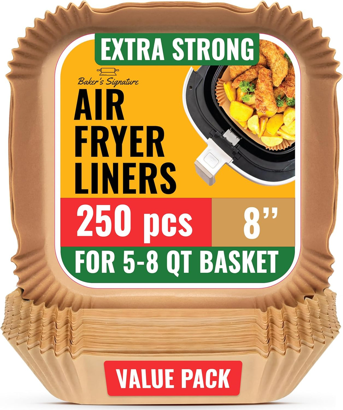250 pcs Air Fryer Liners, Disposable Airfryer Paper Liners – Non-Stick and Oil Proof for Easy Cleanup, Great for Oven, Pans & Baking – 8” Square for 5-8 qt Basket by Baker's Signature