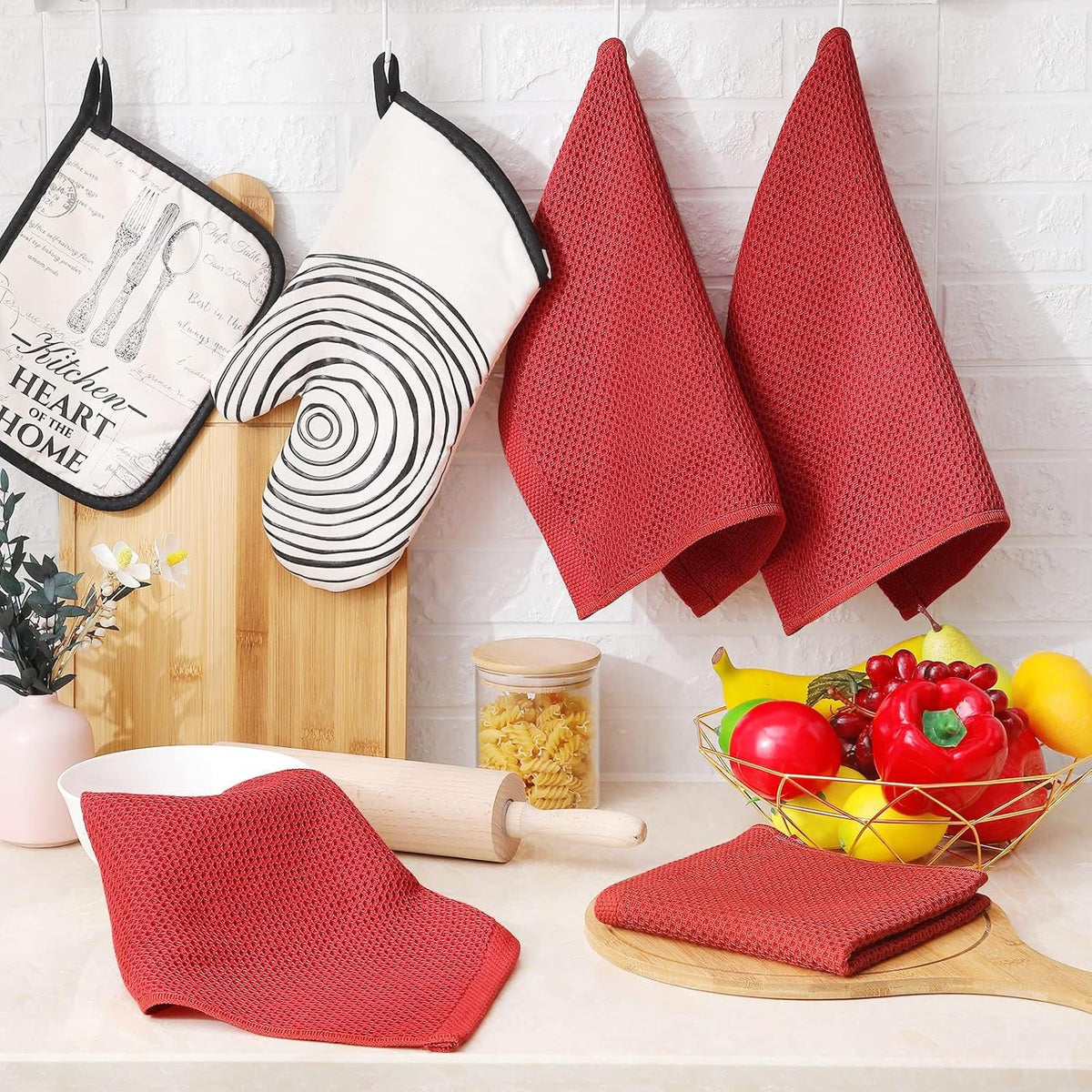 Homaxy 100% Cotton Waffle Weave Kitchen Dish Cloths, Ultra Soft Absorbent Quick Drying Dish Towels, 12 x 12 Inches, 12-Pack, Brick Red