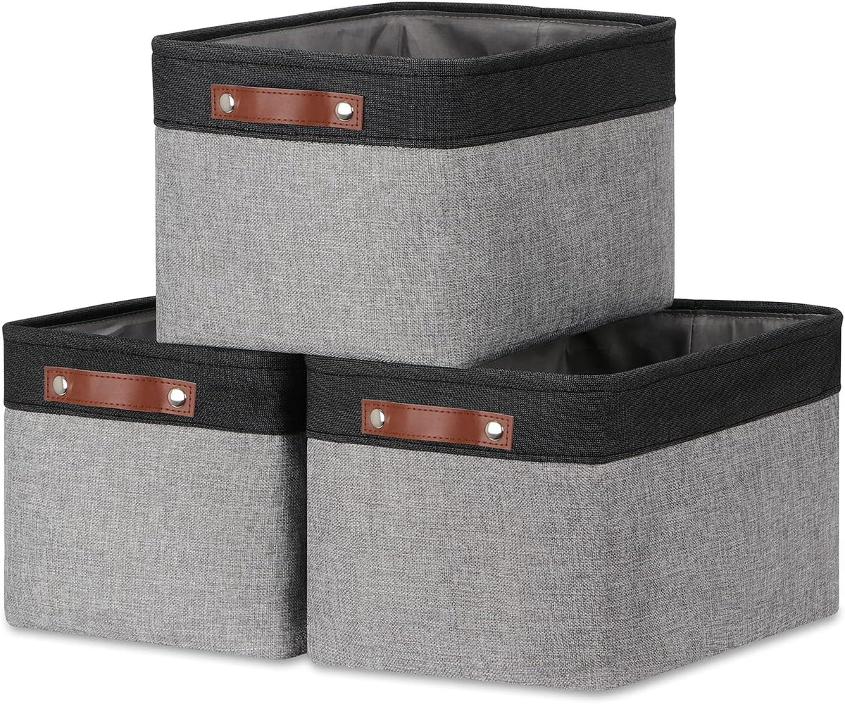 DULLEMELO Fabric Baskets for Storage, Rectangular Fabric Storage Bins Collapsible, Perfect for Shelves, Closets, Nursery, Empty Gift Baskets (3-Pack Medium-15 inch X 11 inch X 9.5 inch , Black&Grey)