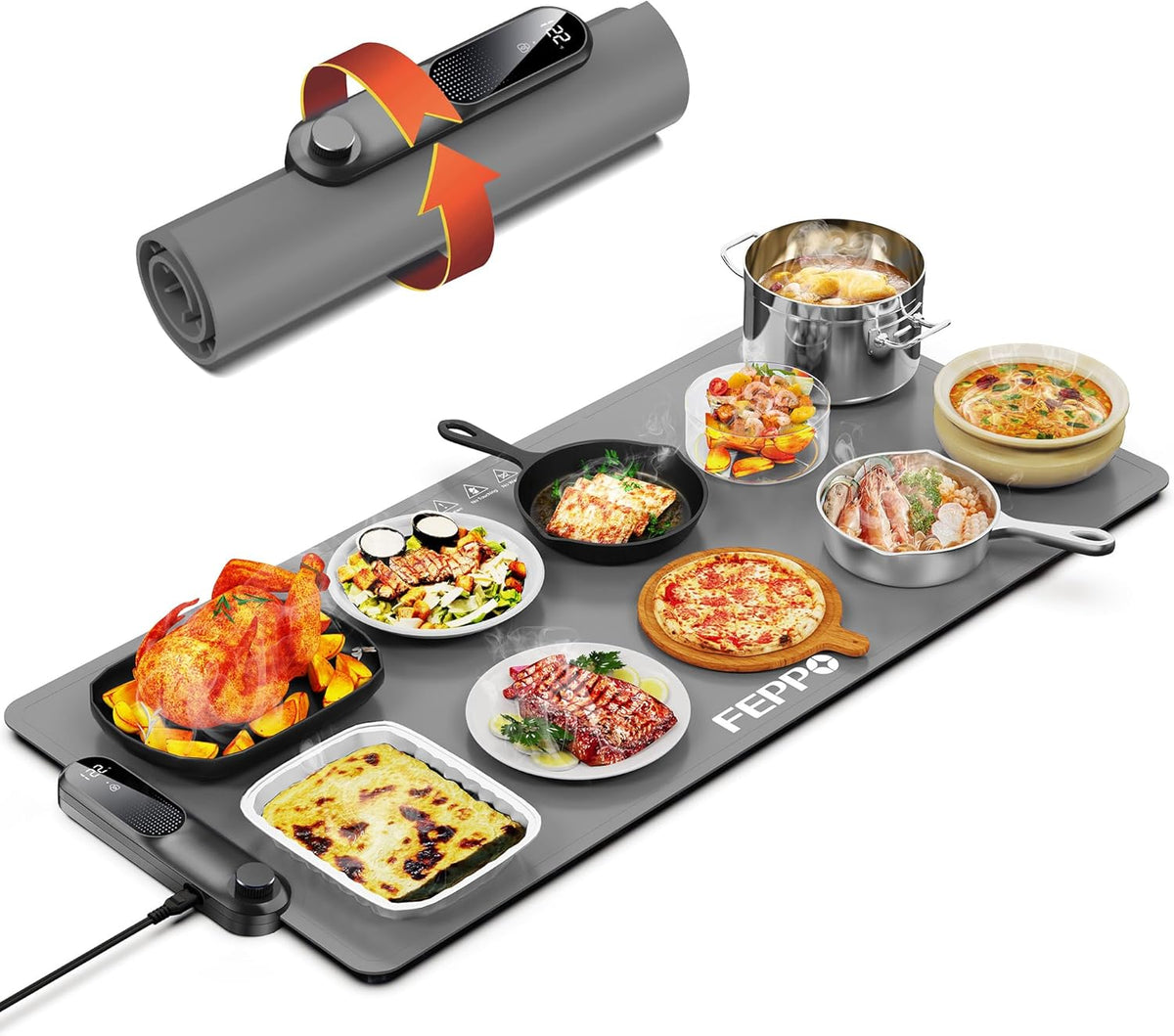 FEPPO Food Warming Mat, (XXL 35”x16”) Electric Warming Trays for Buffets Party, Fast Full-Surface Heating Mat for Food with 19 Level Adjustable Temperature and 6 Hours Timer, Roll Up Food Warmer