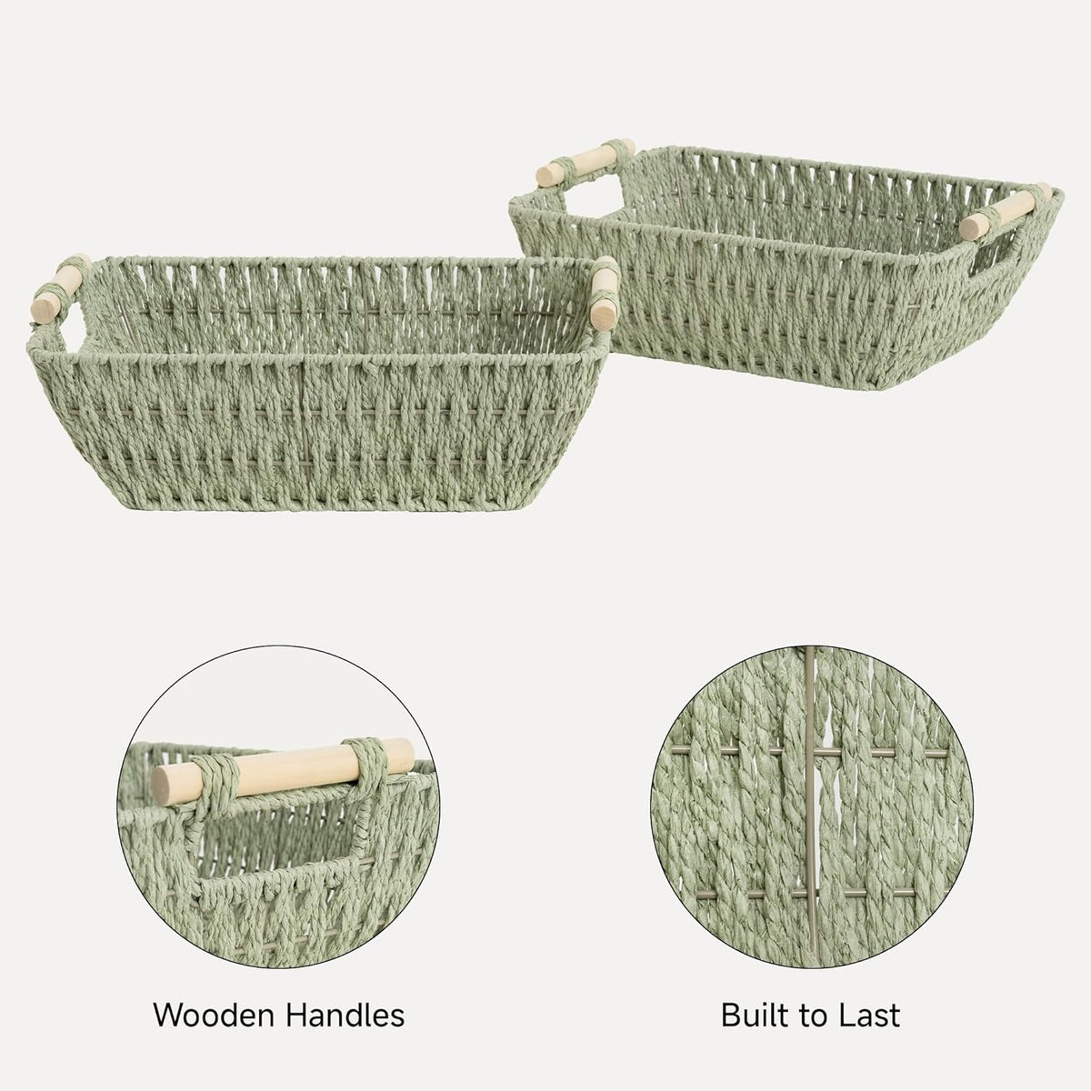 StorageWorks Large Wicker Storage Basket for Organizing with Wooden Handles, Toilet Paper Baskets for Bathroom, Bosana Green, 2-Pack