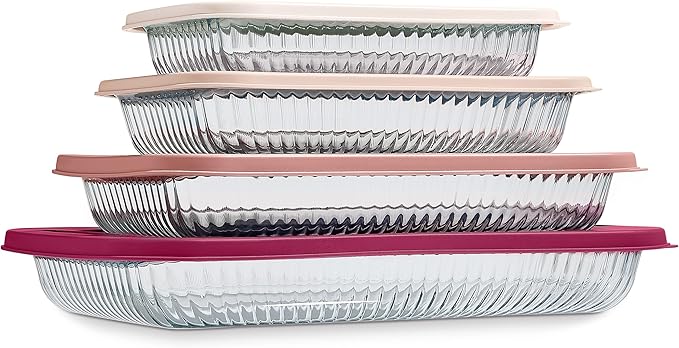 COOK WITH COLOR 8-Piece Deep Glass Baking Dish Set with Plastic Lids – Casserole and Food Storage Containers for Lasagna, Leftovers – Freezer-to-Oven, Microwave & Dishwasher Safe, Fluted Rose