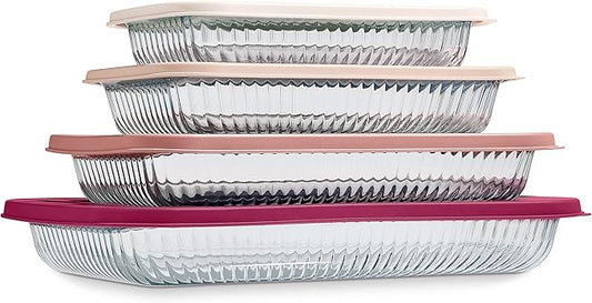 COOK WITH COLOR 8-Piece Deep Glass Baking Dish Set with Plastic Lids – Casserole and Food Storage Containers for Lasagna, Leftovers – Freezer-to-Oven, Microwave & Dishwasher Safe, Fluted Rose