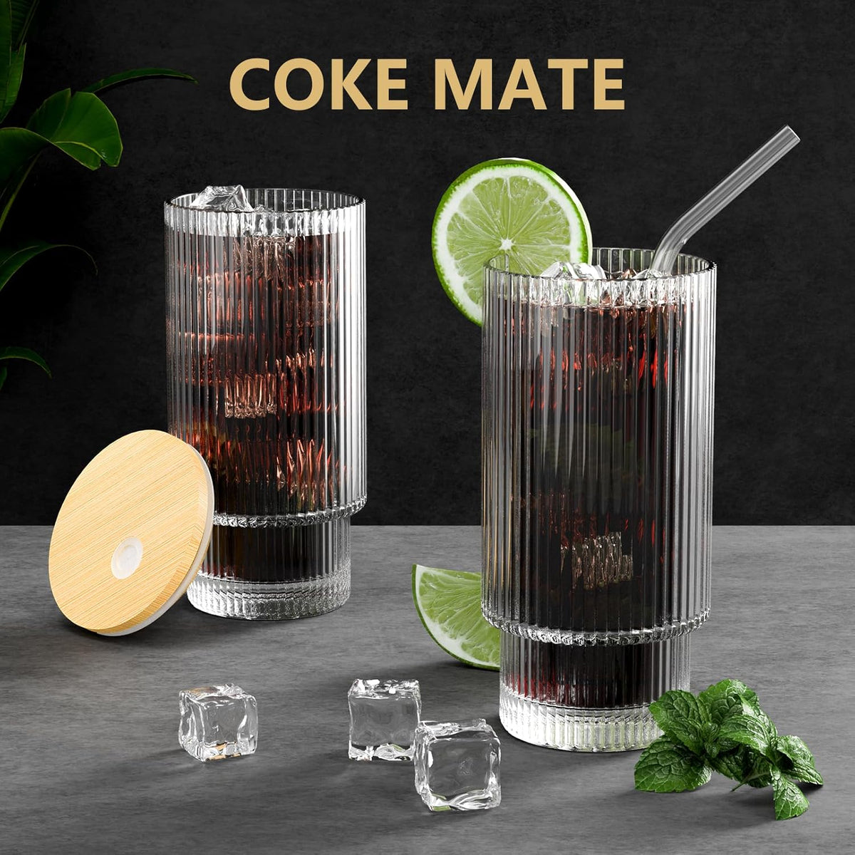 16OZ Ribbed Glass Cups with Lids and Straws 4 Set, Vintage Glassware for Whiskey Cocktail Beer, Iced Coffee Cups with Lid, Glass Tumbler with Straw and Lid (4 PACK)