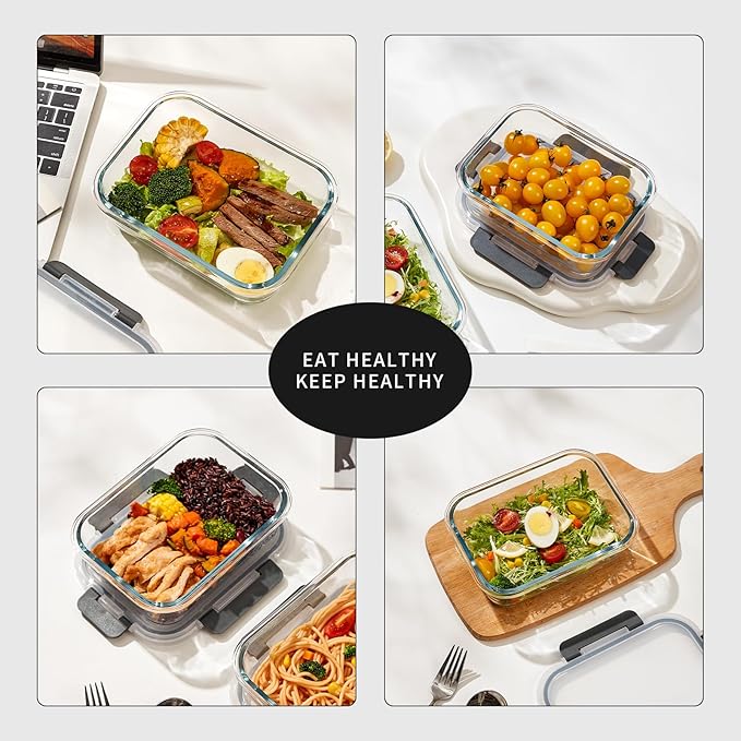 10 Pack 22 oz Glass Meal Prep Containers, Glass Food Storage Containers with Lids, Reusable Airtight Leakproof Lunch Bento Boxes Freezer, Microwave Oven and Dishwasher, Gray