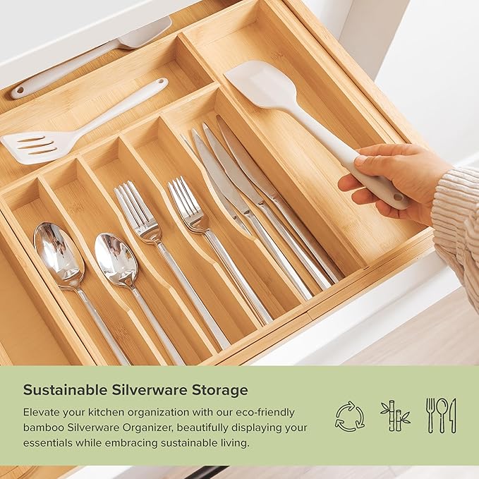 Premium Silverware, Flatware and Utensil Organizer for Kitchen Drawers, Food-Safe Contract Grade, Expandable from 16 to 28 In, Natural Bamboo
