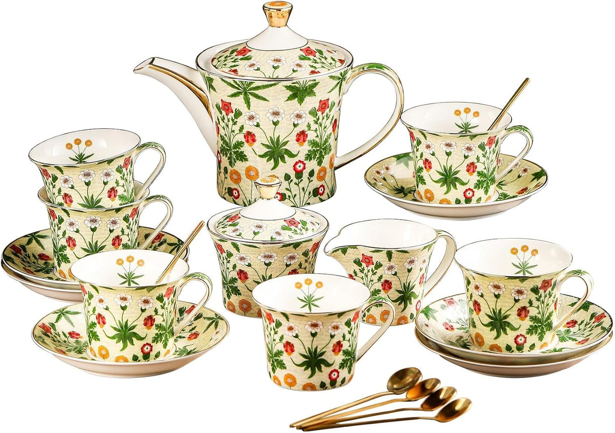 ACMLIFE Tea Set for Adults- Fine China Tea Set for 6, 21-Piece Vintage Coffee Set English Porcelain Tea Pot Sets for Adult Tea Party for Women Gift (Yellow ZF, Extra Large 21)