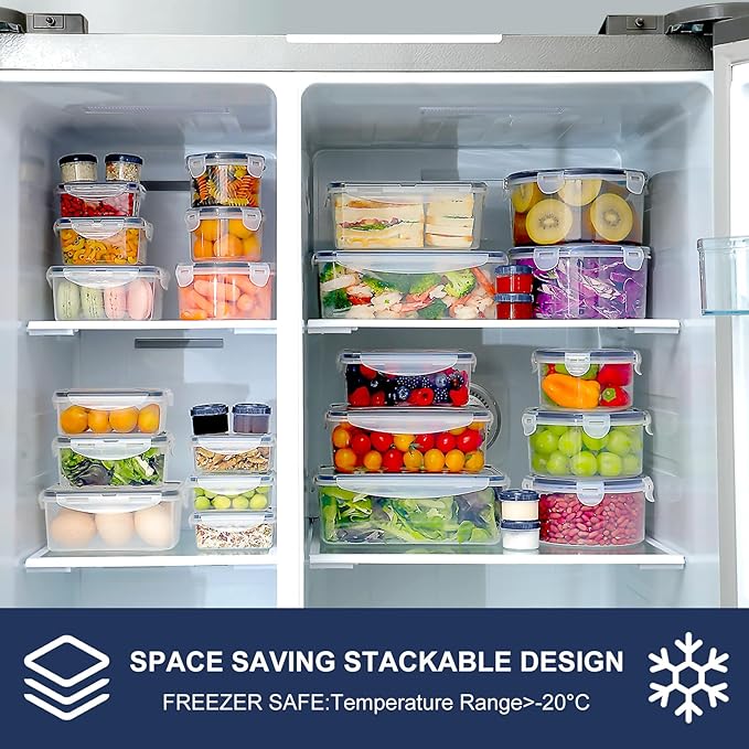 50 PCS Food Storage Containers Set, Plastic Food Containers for Pantry Kitchen Storage and Organization, Microwave and Dishwasher Safe, Leakproof & BPA-Free with Labels Pen(25 Containers & 25 Lids)