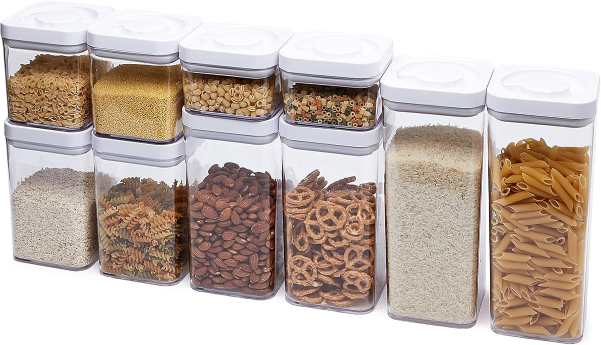 Amazon Basics Airtight Food Storage Containers, BPA Free, with Twist/Turn Lids, for Kitchen Pantry Organization, 10-Piece Square Set, Clear Plastic