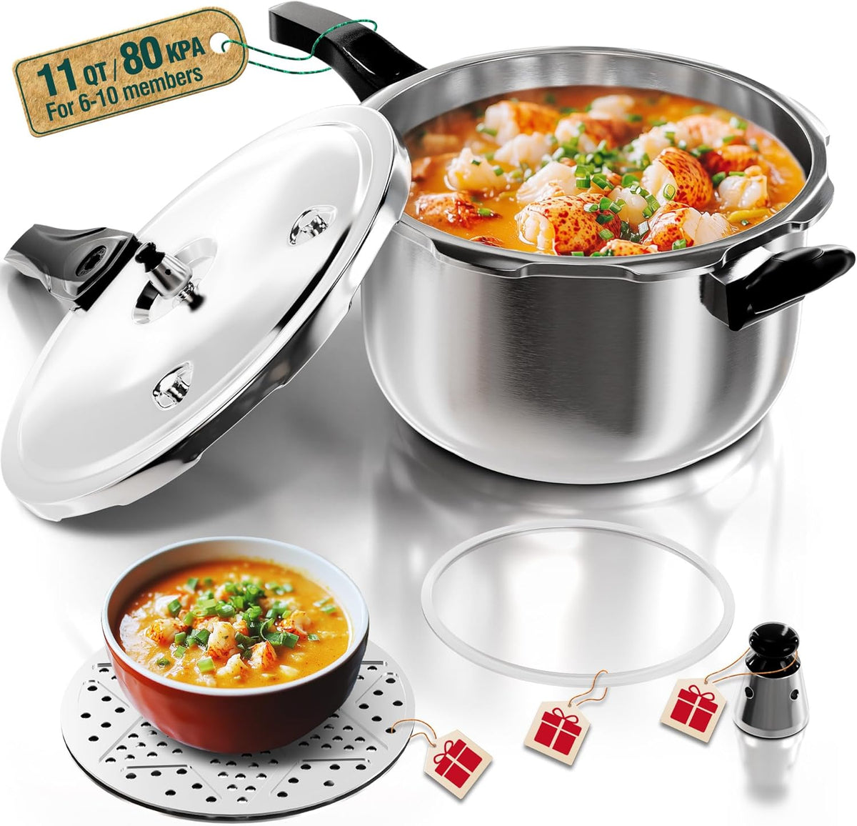 WantJoin Stainless Steel Pressure Cooker(Non-Aluminum),11 Quart Induction Compatible Pressure Cooker with Spring Valve Safeguard Devices,Compatible with Gas & Induction Cooker