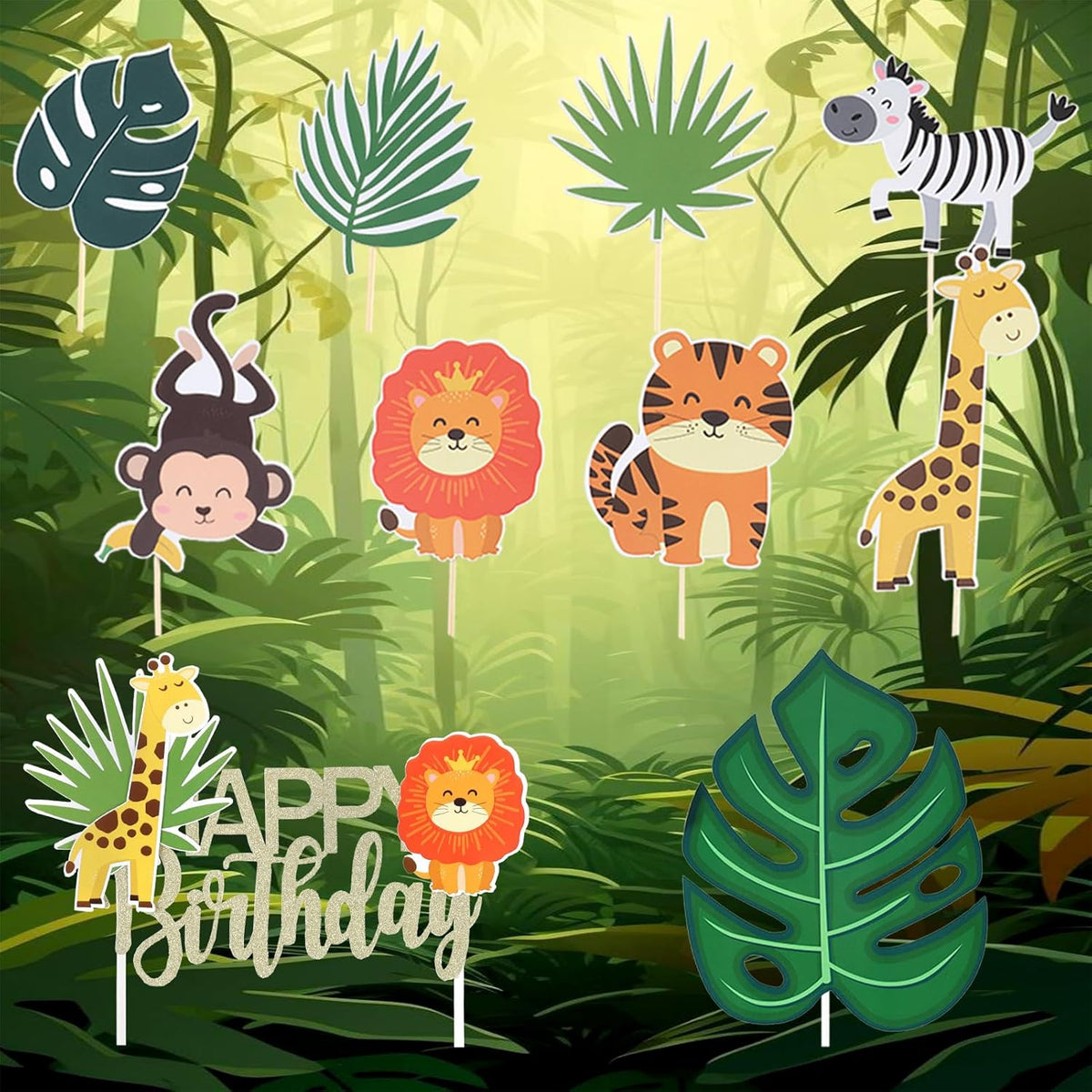 Safari Animal Cake Topper, Wild One Birthday Decorations,Safari Baby Shower Decoration,with Tropical Leaves,Cute Jungle Animals Cake Decor, for Girls Boys, Wild Theme Birthday Party Supplies