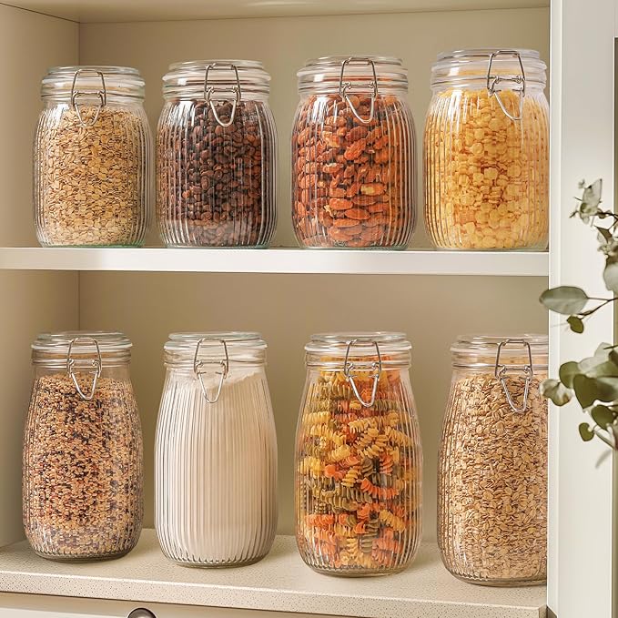 ComSaf Airtight Glass jar with lid 37oz Set of 3, Glass Storage Containers with Lids, Glass Canisters, Striped Clip Fastening Jar for Kitchen Canning, Tea, Pasta, Sugar, Beans, Cookie, Jam, Oat