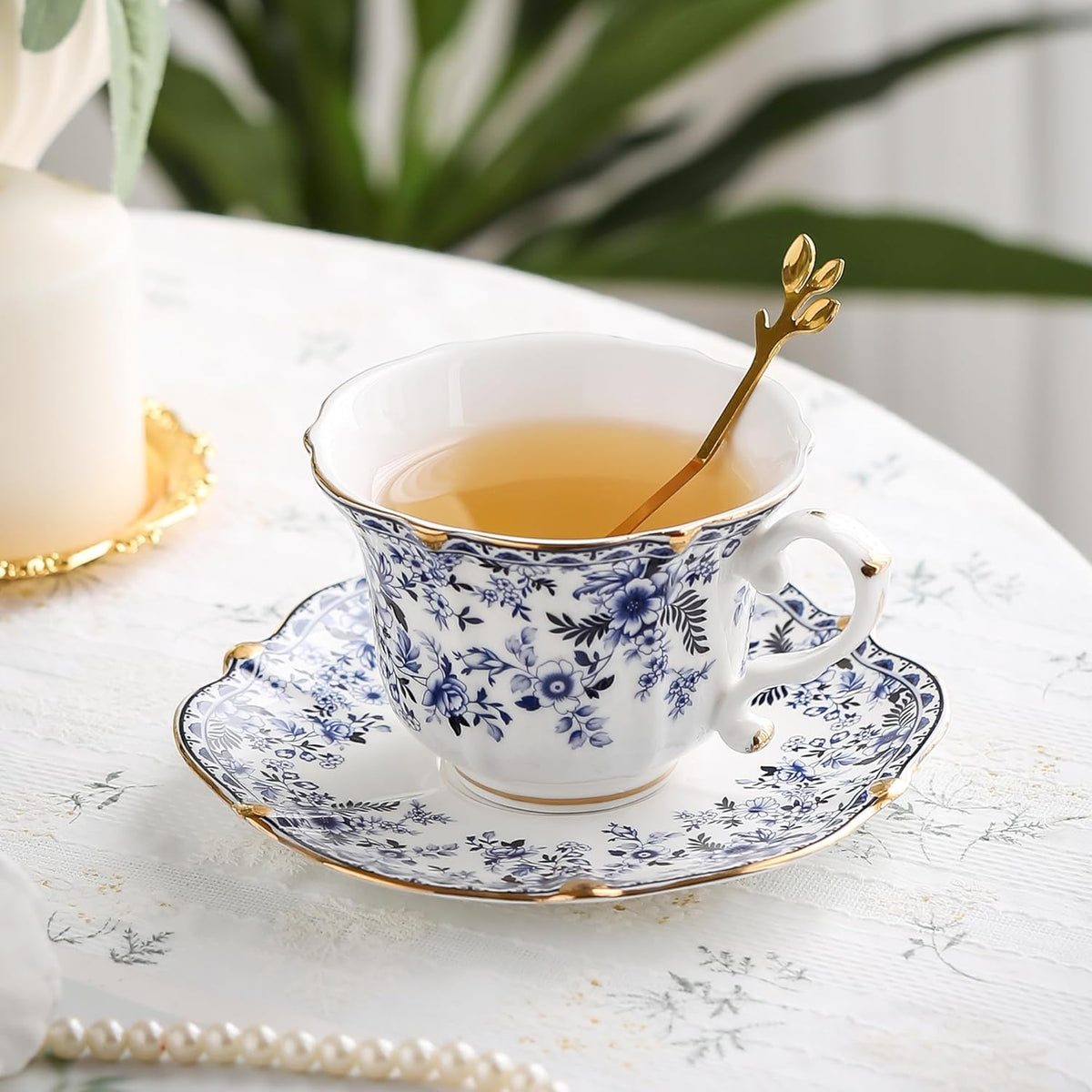 TATSUMI Country Roses Bone China Tea Cup and Saucer Set, 6 Pieces, Vintage Style, For Women and Tea Parties（QH, 2 SETS）