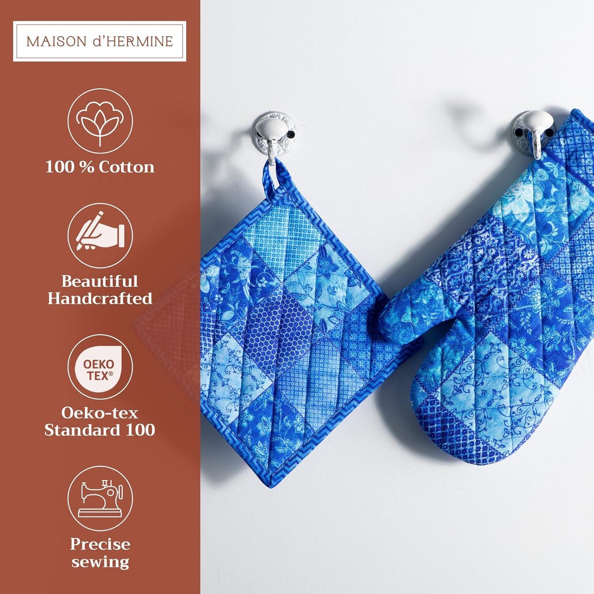 Maison d' Hermine 100% Cotton Oven Mitt & Pot Holder Set (7.5"x13" & 8"x8") Heat Resistant BBQ Cooking Gloves with Loop, Baking, Grilling, Kitchen, Handling Hot Pans Spring/Summer (Indigo Love)