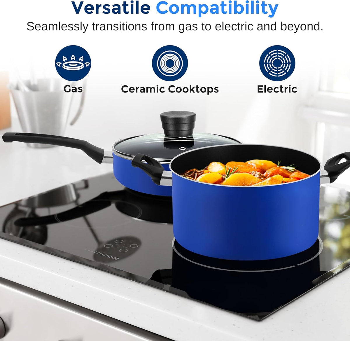 SereneLife Kitchenware Pots & Pans Basic Kitchen Cookware, Black Non-Stick Coating Inside, Heat Resistang Lacquer (11 Piece set), One Size, Blue