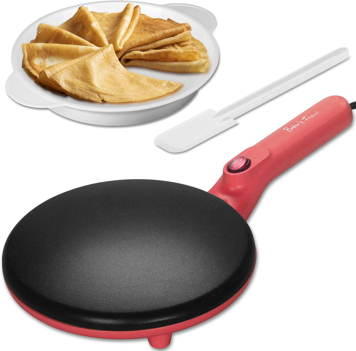 Baker's Friend Instant Crepe Maker with Handle, Electric Crepe Maker Machine, Crepera Electrica, 8 Inch Non-stick Cooking Surface, Raspberry Red