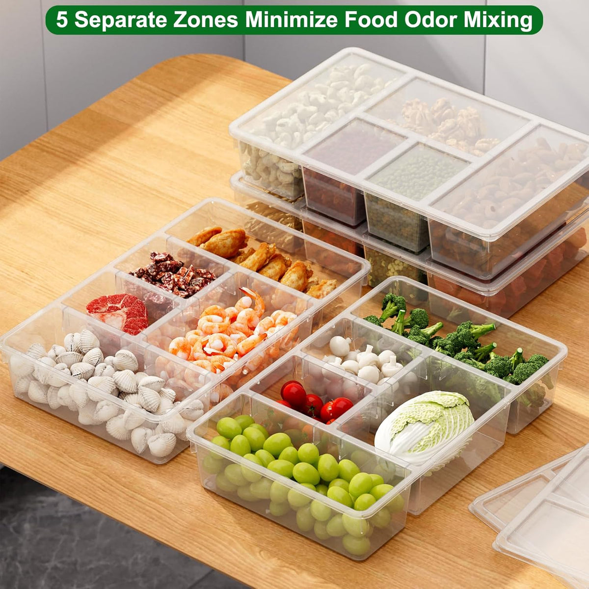 Taiuloo 2 Pack Divided Veggie Tray with Lid, 5 Compartment Salad Bar Containers for Fridge, Clear Snackle Box Organizer, Plastic Food Storage for Fruit, Vegetable, Snack, Meal Prep