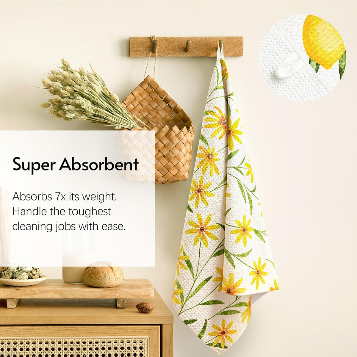 Kitchen Towels, 18" x 30" Tea Towels for Kitchen, Quick Dry Dish Towels for Kitchen Drying, Daisy Whimsy Series, 2-Pack