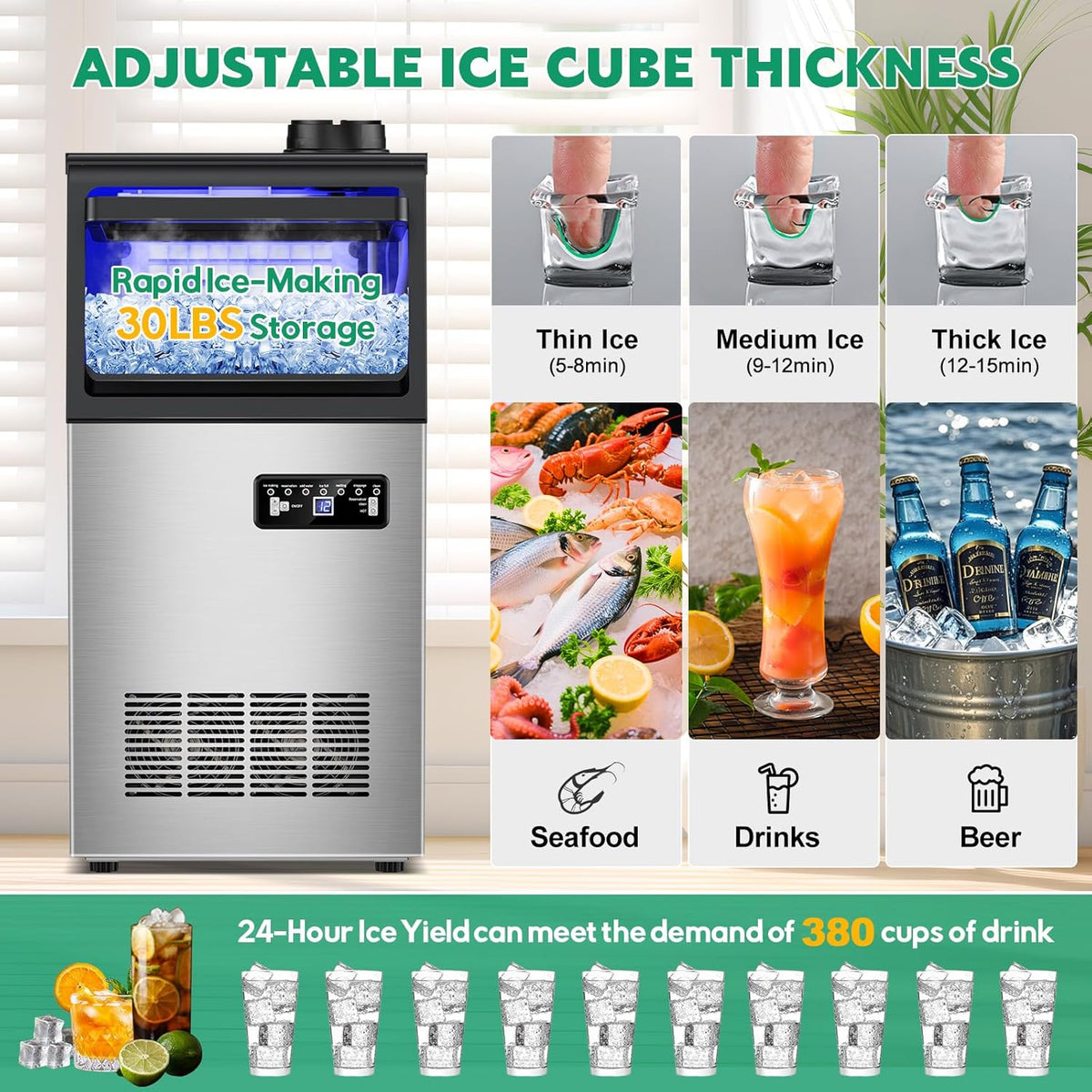 Commercial Ice Maker Machine 130Lbs/24H with 30Lbs Ice Capacity, 45Pcs Clear Ice Cubes Ready in 8-15Mins, Stainless Steel Under Counter Freestanding Large Ice Machine, 2 Water Inlet Modes