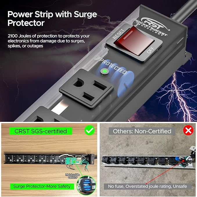 CRST 8 Outlet Metal Heavy Duty Power Strip, 2100J Surge Protector, 6FT Cord Mountable Wide Spaced Industrial Power Strip,15A/1875W