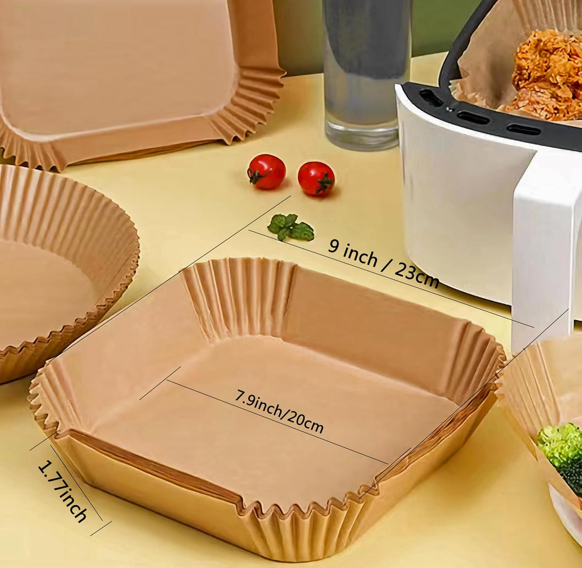 Air Fryer Disposable Paper Liner, 7.9in to 9.4inch Baking Parchment Paper Air fryer liners,100 PCS square Waterproof Oil-Proof High Temperature Cooking Non-Stick Liner for Ovens,Microwave