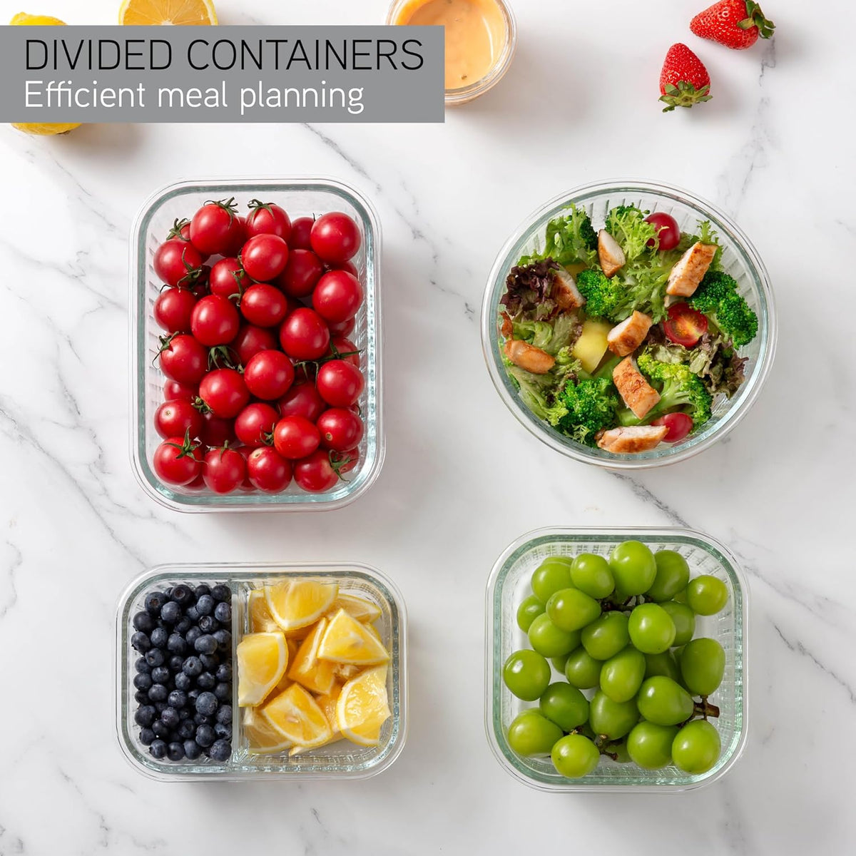 COOK WITH COLOR Premium 32-Pc. Borosilicate Glass Food Container Set with Dividers - 4 Rectangles, 8 Rounds, 4 Squares - Leakproof Lids - Meal Prep, Storage, Fluted Ombre Grey