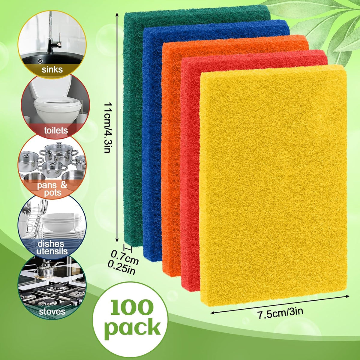 Hoolerry 100 Pcs Heavy Duty Scouring Pads Non Scratch Household Scrub Pads for Cleaning Reusable Pan Scrubber Anti Grease Scrubbing Pads for Dish Kitchen Metal Grills, 4.3 x 3 x 0.3 in (Multicolor)