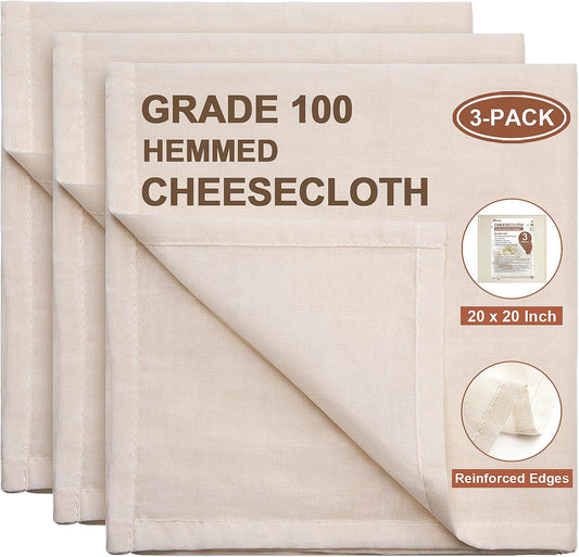 eFond Cheese Cloths | 3-Pack, 20x20Inch Squares with Hemmed Edges | Grade 100 Ultra Fine Reusable Cheesecloth for Straining | Unbleached Cotton Muslin Cloths | For Nut Milk, Butter, Baking & Cooking