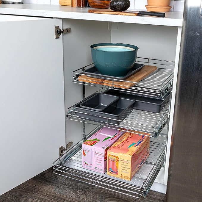 Household Essentials Glidez Multipurpose Chrome-Plated Steel Pull-Out/Slide-Out Triple-Sliding Storage Organizer for Cookware and Bakeware - 3-Tier Design - Fits Standard Size Cabinet or Shelf, Chrome