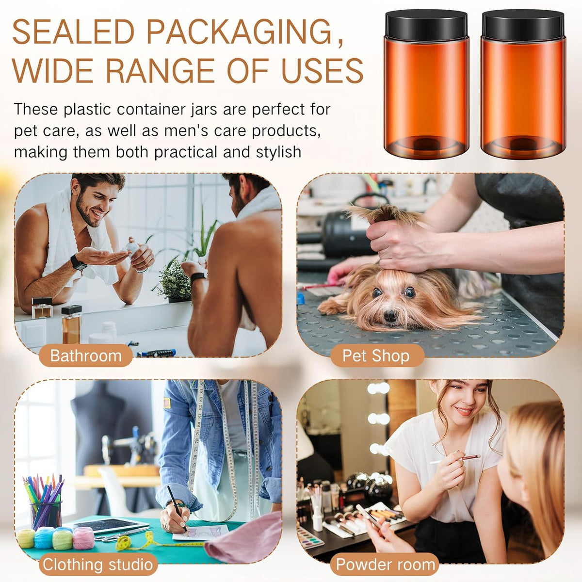 Patelai 4 Pieces Round Wide-mouth Leak Proof Plastic Container Jars with Lids for Travel Storage Makeup Beauty Products Face Creams Oils Salves Ointments DIY Making(12 Ounce,Amber)