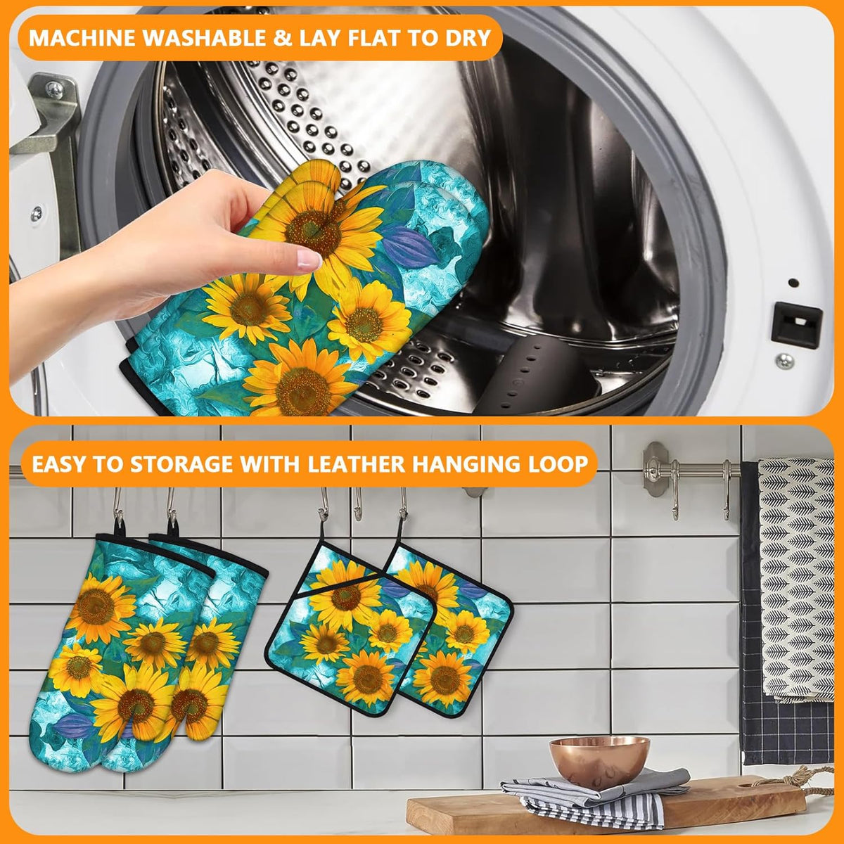 Sunflower Oven Mitts and Pot Holders Sets 4Pcs,Extra Long Oven Gloves Potholder for Kitchen Cooking Baking BBQ 100% Cotton Heat Resistant