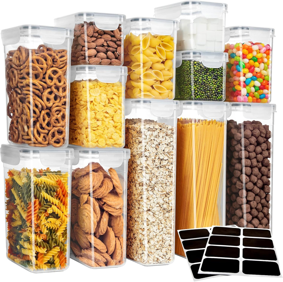 MR.SIGA 16 Pack Airtight Food Storage Container Set, BPA Free Kitchen Pantry Organization, Kitchen Canisters for Cereal, Spaghetti, includes 24 Reusable Sticker Labels