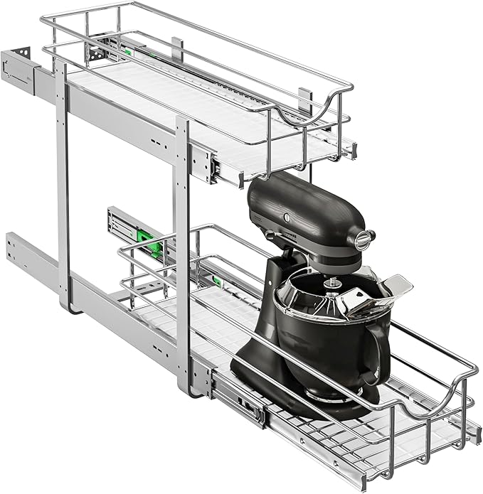 WelFurGeer 2-Tier Stainless Steel Pull Out Cabinet Organizer, Soft Close Damping Slides, Heavy Duty Chrome Plated Wire Basket with Shelf Liner, Perfect for Kitchen Cabinets, Pantry Storage, Under Sink