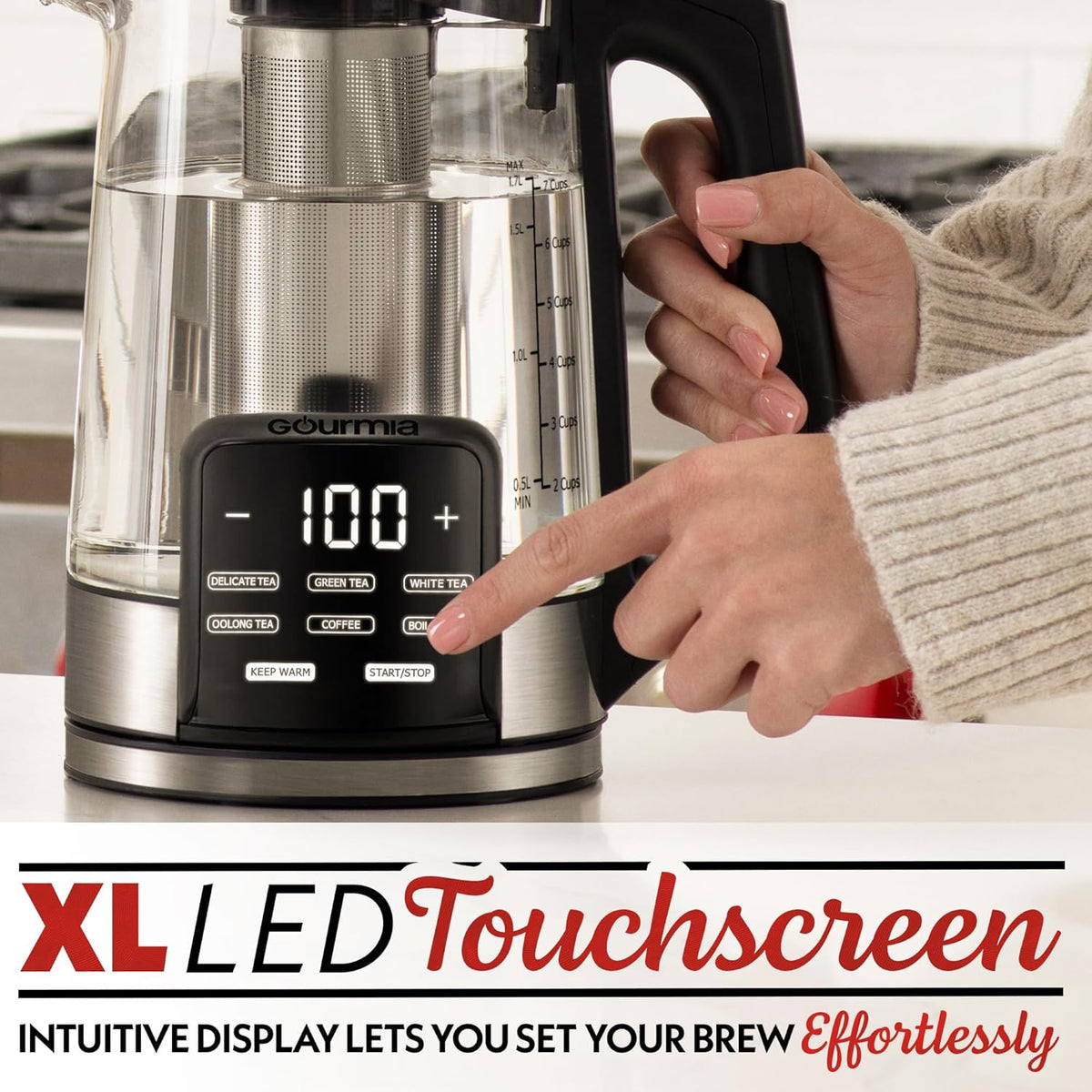 Gourmia Electric Programmable Glass Kettle – 1.7L Temperature Control Tea & Coffee Kettle with Digital Touch Display, 6 Presets, Keep Warm, Removable Stainless Steel Infuser, 360° Swivel Base – Green
