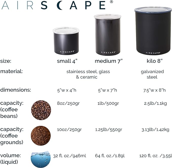 Planetary Design Airscape Stainless Steel Coffee Canister | Food Storage Container | US Patented Airtight Lid | Push Out Excess Air Preserve Food Freshness (Small, Brushed Copper)