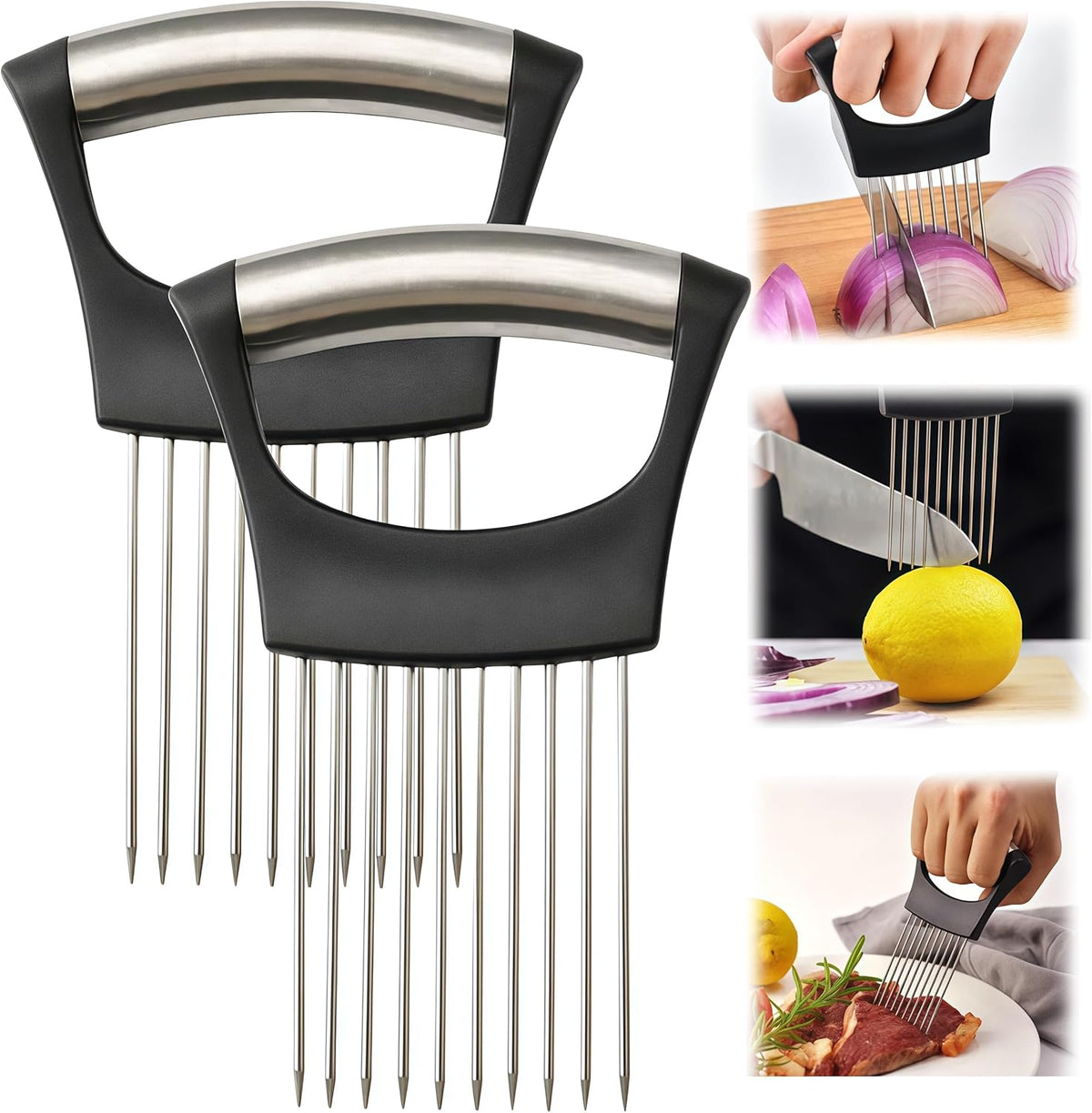 2025 Upgraded Onion Slicer, Onion Holder Chopper for Slicing, Chopper Slicer Assistant Tool, Cutter for Slicing of Meat, Potato, Tomato Kitchen Gadgets (2, Black)