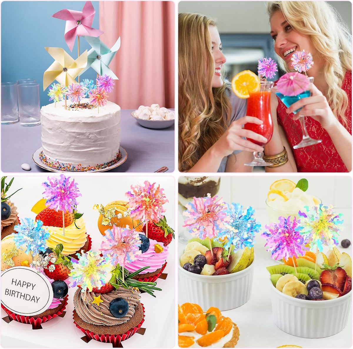 35Pcs Foil Firework Cupcake Toppers, Sparkle Tinsel Cake Toppers, Tinsel Drink Cake Decoration, Cocktail Food Fruit Toothpick for Cake Decoration Party Supplies