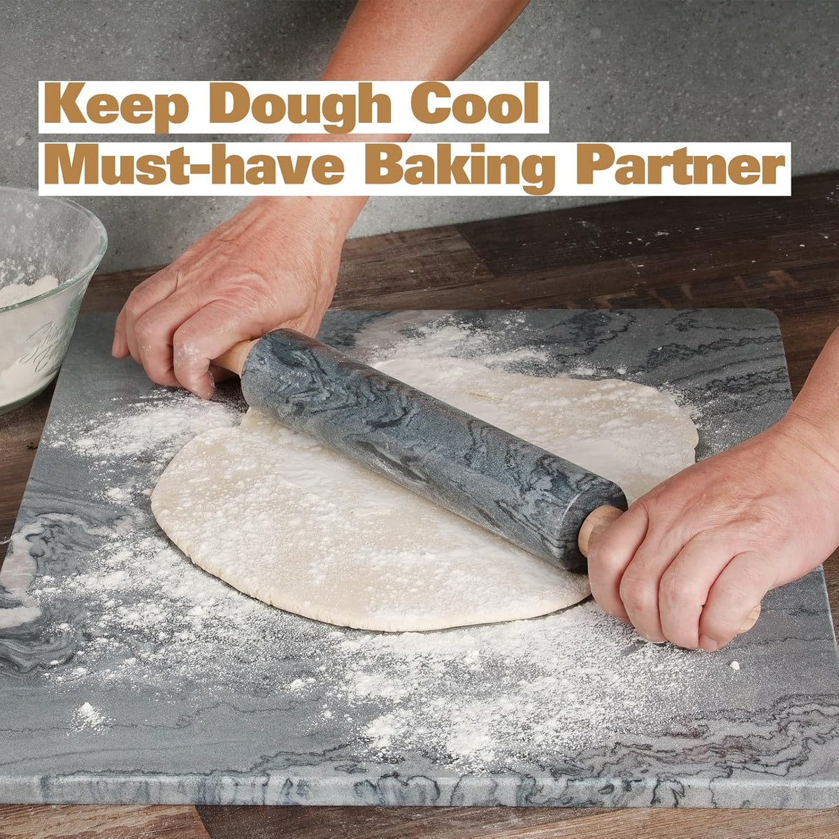 African Natural Marble Rolling Pin, Non-Stick Polished Dough Roller, Pasta, Dumpling, Fondant, Pie Crust, Bread, Pizza Dough, Kitchen Baking Pastry Tools with Mat/Scraper(Monte Grigio)