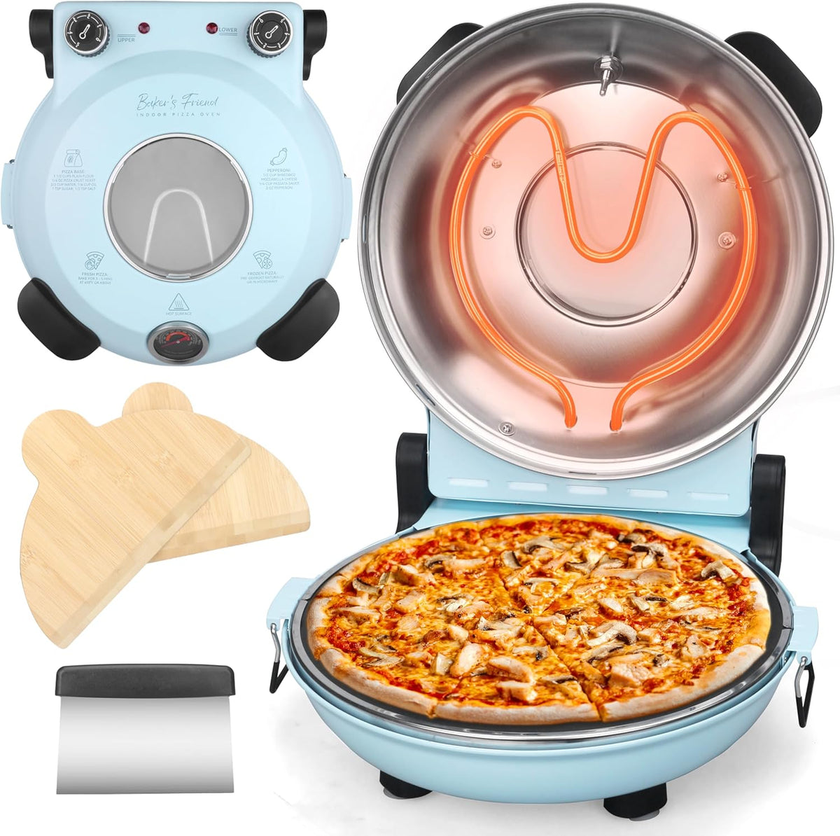 Baker's Friend Electric Pizza Oven Indoor Countertop, 12 Inch Maker Machine for Home, Cooker & Grill, Premium Glazed Ceramic Stone Oven, Pale Blue