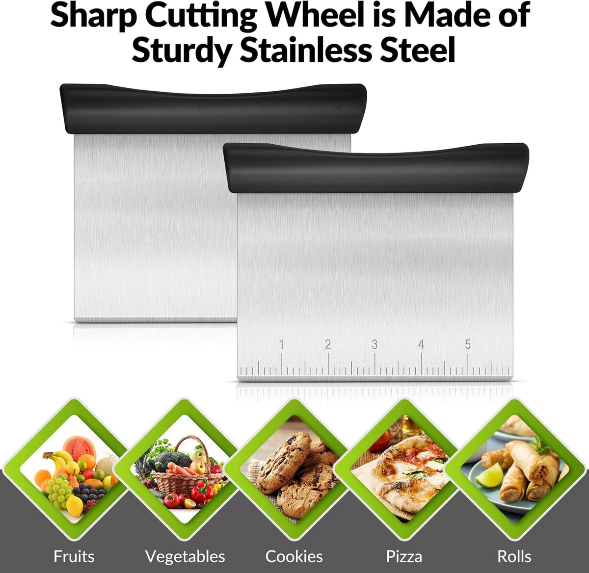 Rainspire Bench Scraper, Stainless Steel Dough Scraper, Pastry Scraper, Pizza and Dough Cutter Multi-Purpose Scraper/Chopper, Pizza Cutter Food Chopper Baking Supplies Kitchen Gadgets, Black