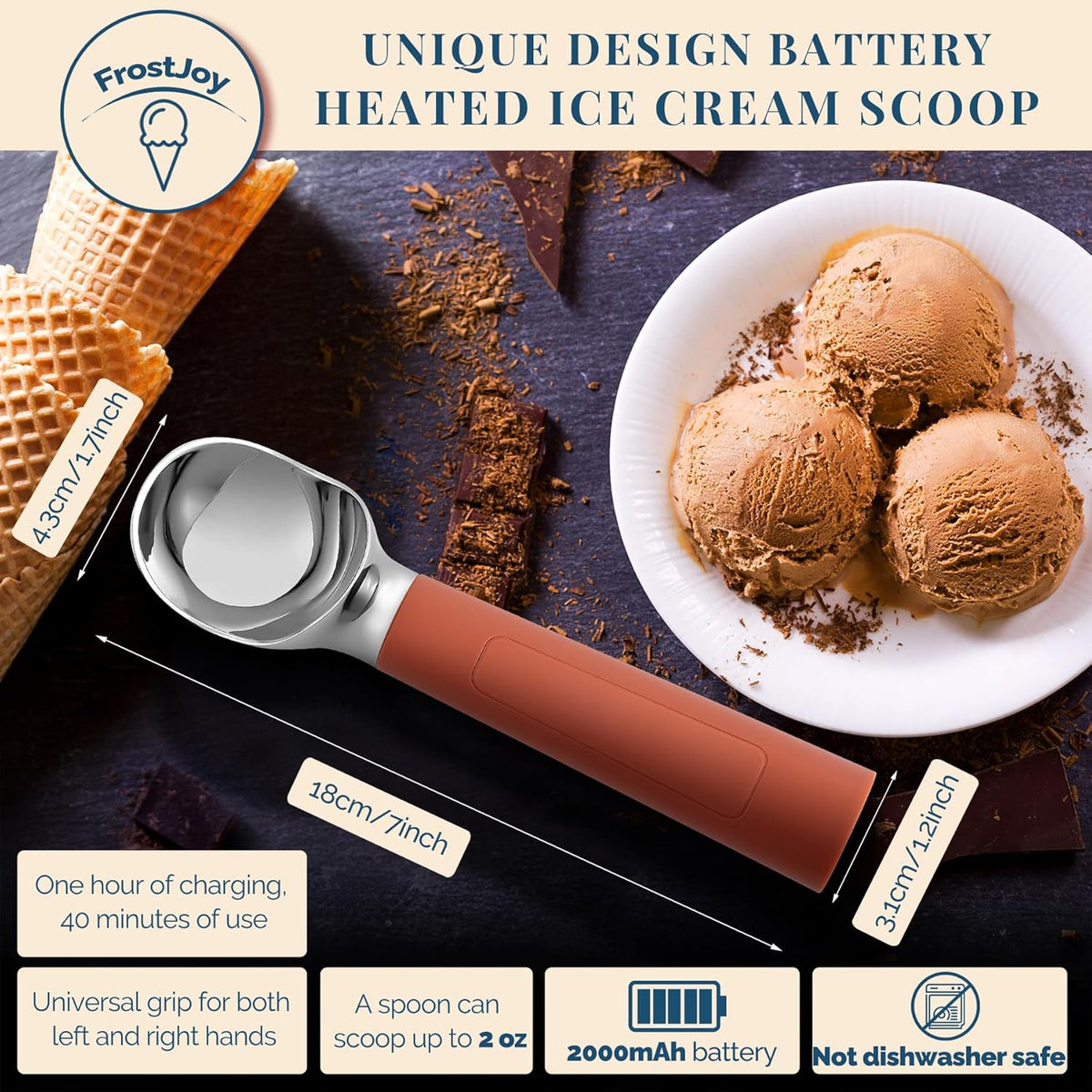 Heated Ice Cream Scoop Rechargeable, Electric Warming Ice Cream Scooper with LED Display, Heats to 158°F for Hard Ice Cream, Easy for Seniors & Kids, IP67 Waterproof (Mocha Brown, 2oz)
