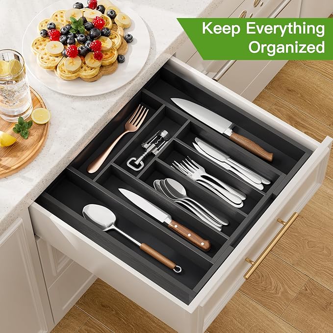 Pipishell Bamboo Expandable Drawer Organizer for Utensils Holder, Adjustable Cutlery Tray, Wood Drawer Dividers Organizer for Silverware, Flatware, Knives in Kitchen, Bedroom, Living Room(M-Black)