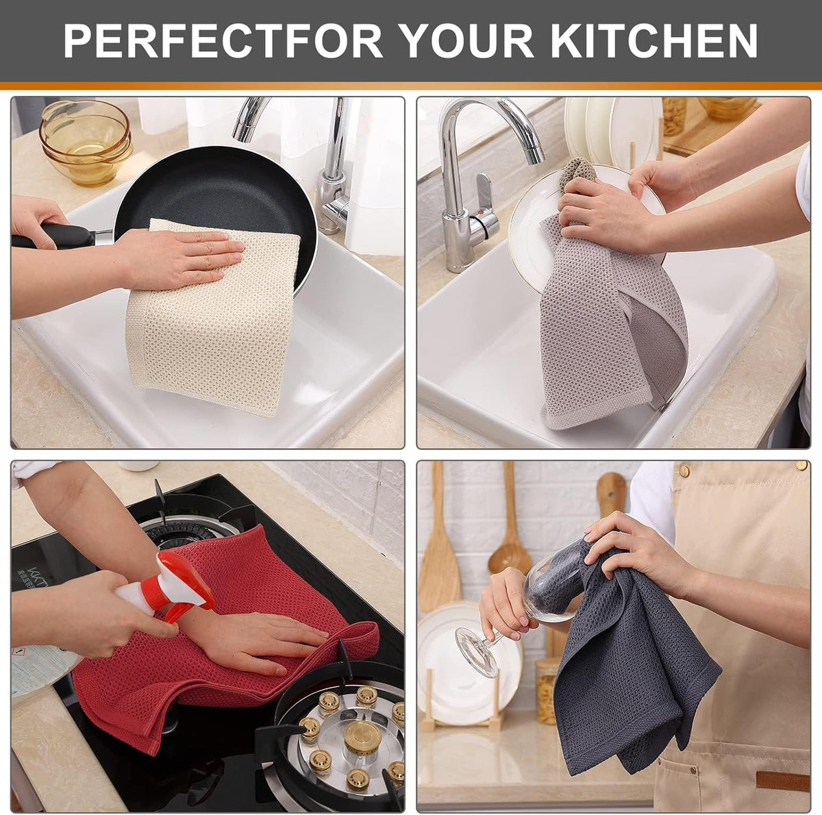 Kitinjoy 100% Cotton Waffle Weave Kitchen Towels, 8-Pack Super Soft and Absorbent Dish Towels for Drying Dishes, Kitchen Hand Towels, 13 in x 28 in, Multicolor