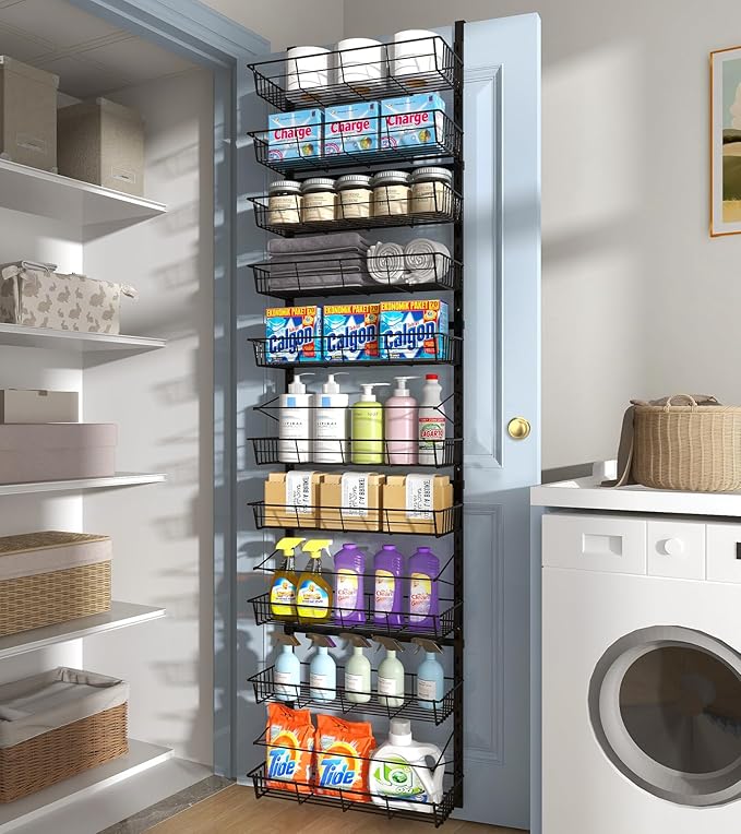 10-Tier Over The Door Pantry Organizer, Pantry Organization and Storage, Black Metal Hanging Adjustable Basket, Wall Spice Rack Seasoning Shelves, Home & Kitchen Essentials
