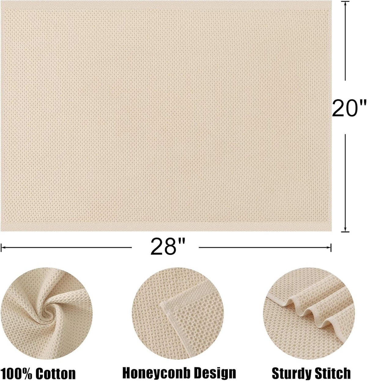 Kitinjoy 100% Cotton Waffle Weave Kitchen Towels, 4-Pack Super Soft and Absorbent Dish Towels for Drying Dishes, Kitchen Hand Towels, 20 in x 28 in, Beige