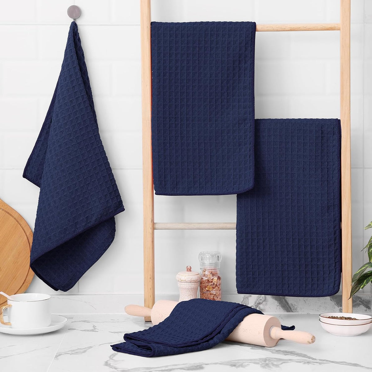 Homaxy Microfiber Waffle Weave Kitchen Towels, 16 x 28 Inch Ultra Absorbent and Solid Color Dish Towels, 8 Pack, Navy Blue