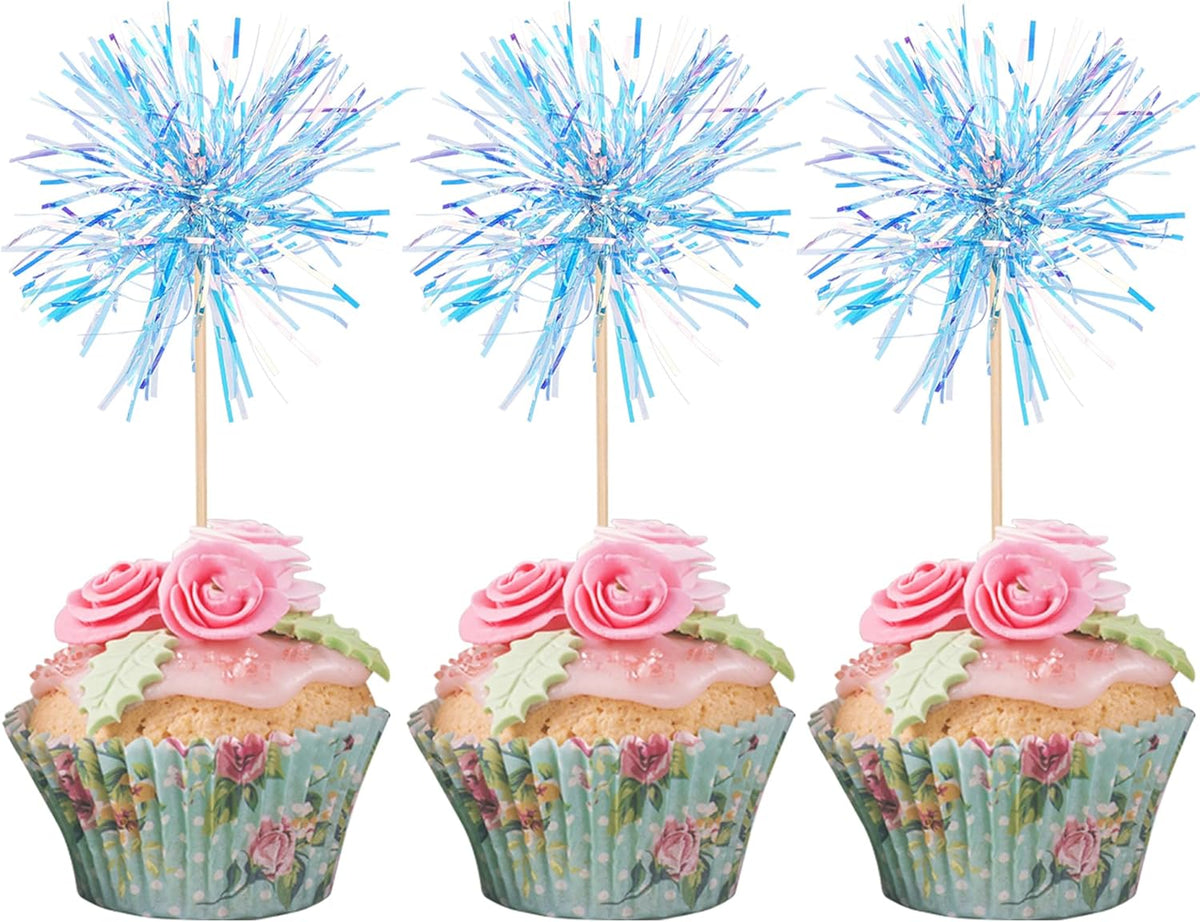 30 PCS Foil Firework Cupcake Toppers Happy Birthday Cupcake Toppers Sparkle Tinsel Flower Drink Stirrers Cocktail Fruit Toothpicks for Valentine's Day Baby Shower Party Cake Decor Supplies Blue